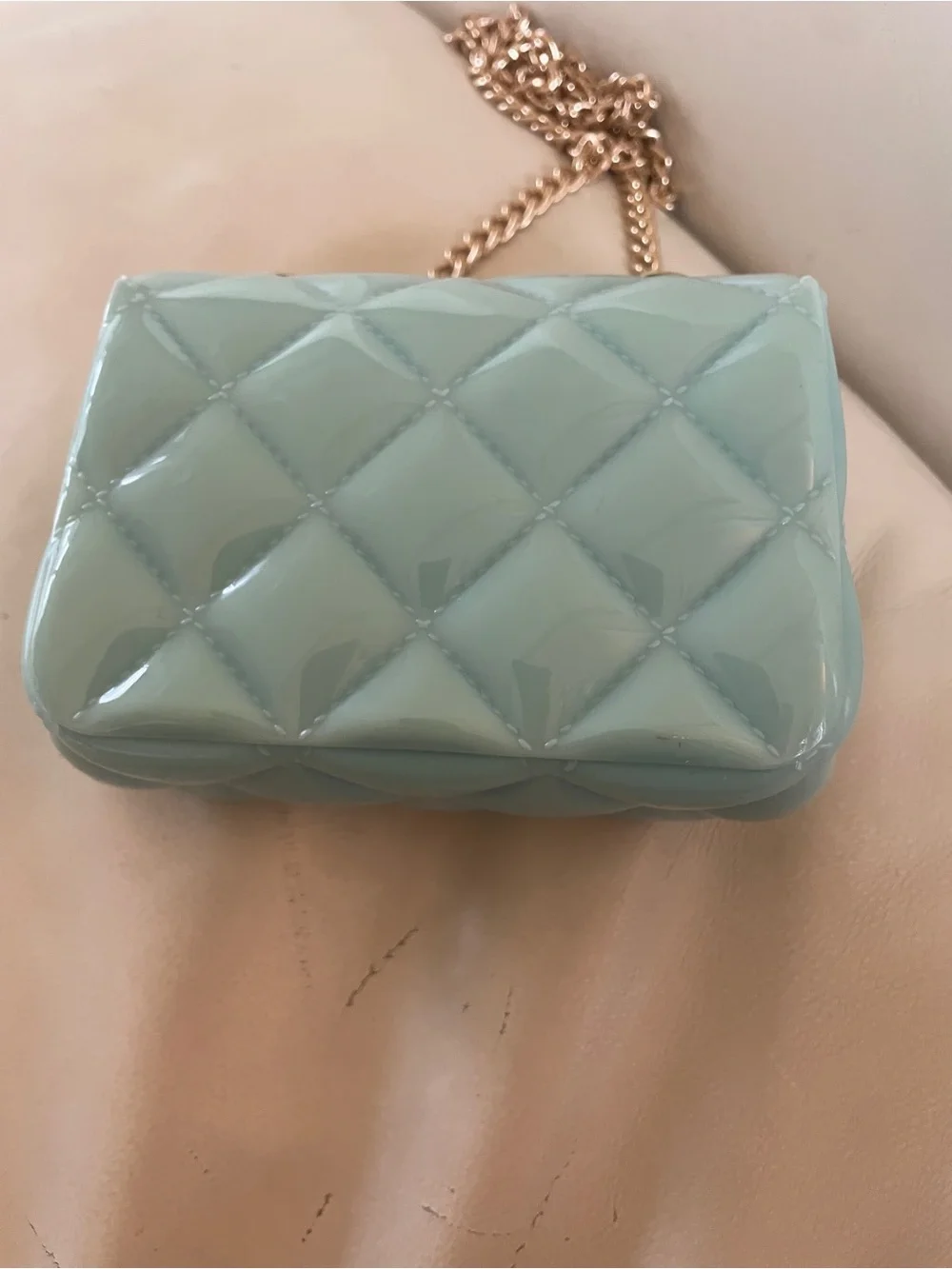 🩵✨ Mint / Light Aqua Jelly Quilted Mini Crossbody Bag with Gold Chain